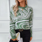 Women's Patterned Knit Pullover with Modern Wave Pattern and Round Neck
