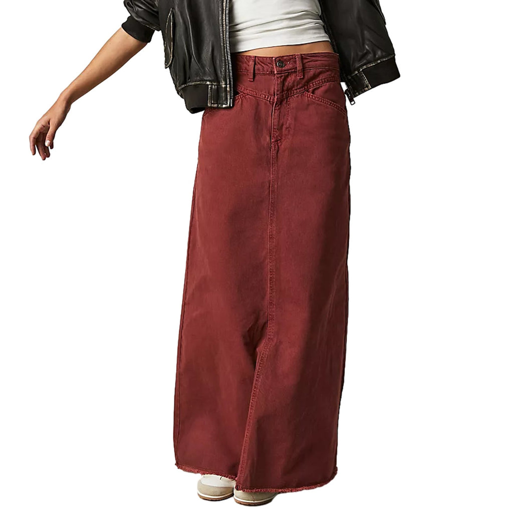 Women's Black Denim Maxi Skirt with Side Pockets and Casual Cut