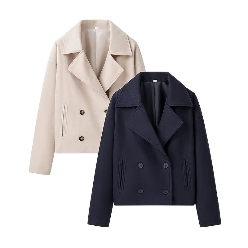 Women's Elegant Wool Jacket with Double-Breasted Button Placket and Modern Details