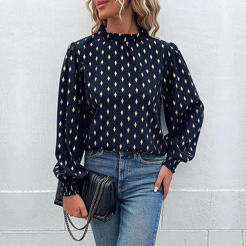Women's Blouse with High-Quality Print and Puff Sleeves
