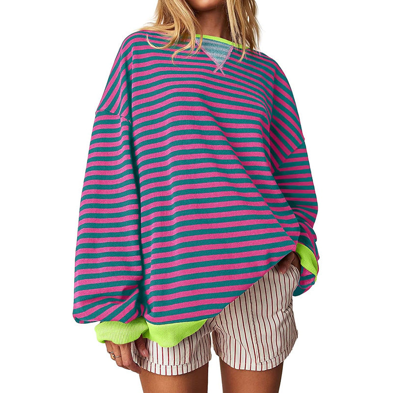 Women's Comfortable Striped Sweater with Raglan Sleeves and Elastic Cuffs