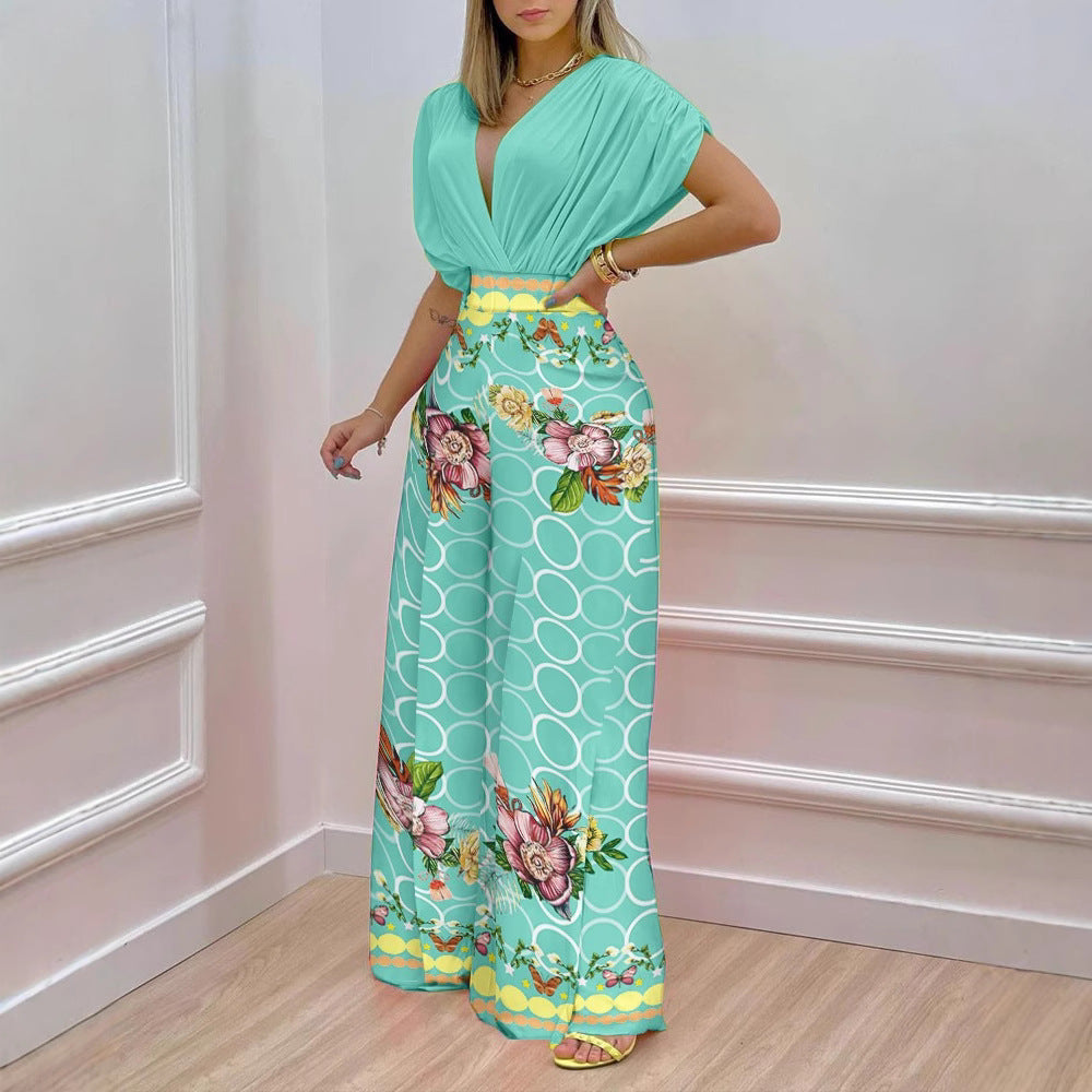 Women's Blouse Set with Wide-Leg Pants and Floral Print