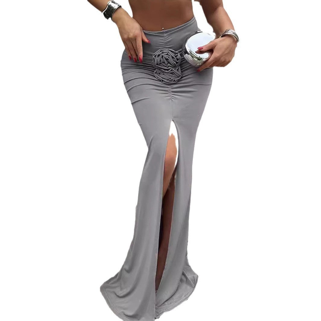 Women's Maxi Skirt with Elegant Slit and Floral Ruffle Detail