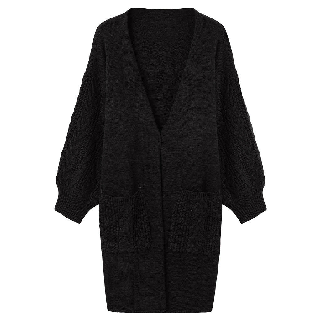 Women's Large Knit Cardigan with Voluminous Sleeves and Practical Pockets