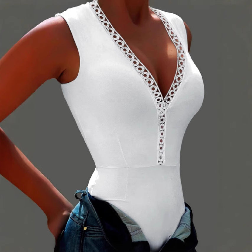 Women's Bodysuit with Decorative V-Neck and Lace Trim