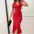 Women's Charming Maxi Dress with Asymmetrical Hem and V-Neck