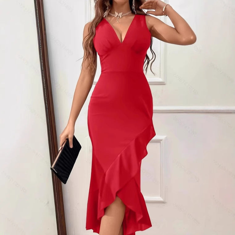 Women's Charming Maxi Dress with Asymmetrical Hem and V-Neck