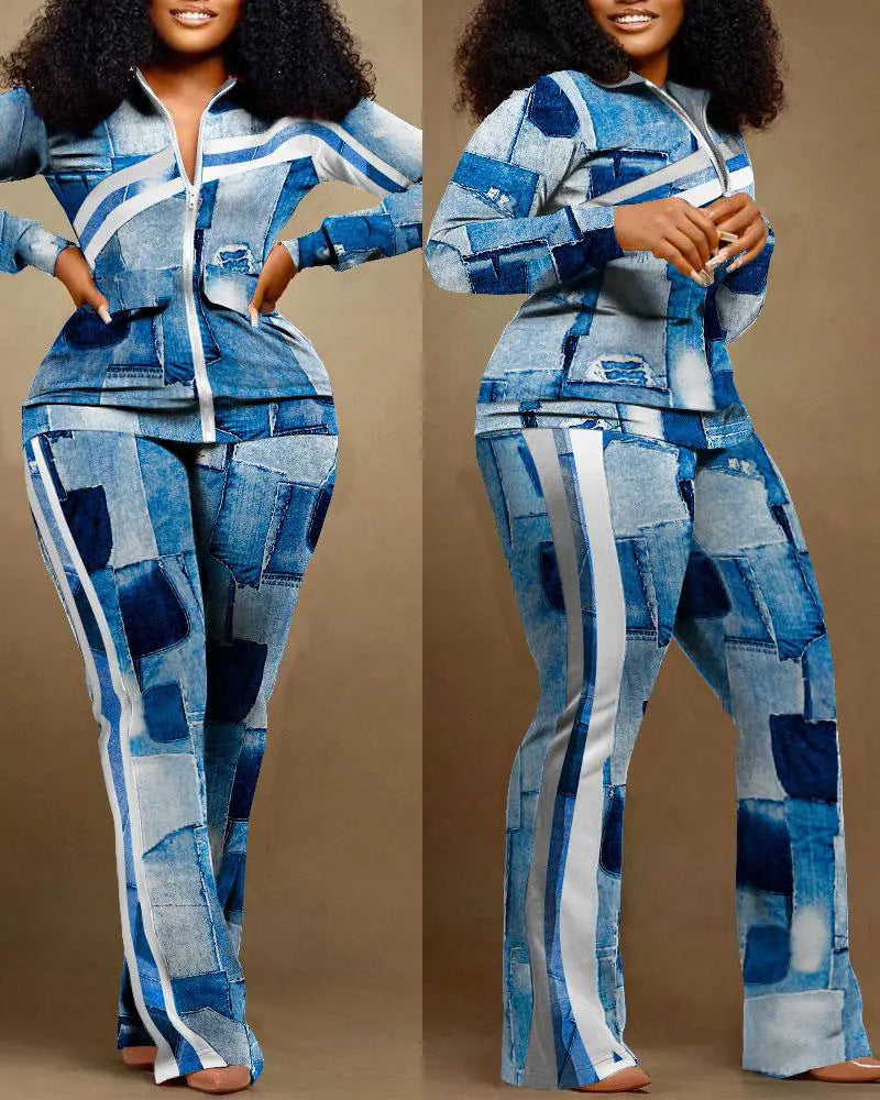 Denim-Style Tracksuit Set with Zipper