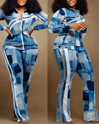 Denim-Style Tracksuit Set with Zipper