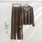Women's Cozy Knit Loungewear Set with Contrasting Collar and Wide Leg