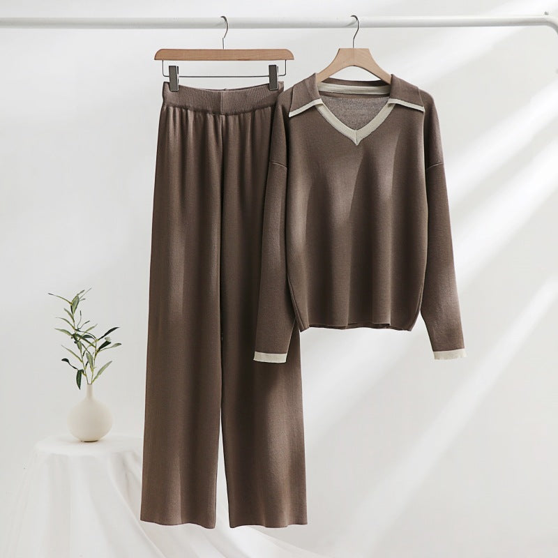 Women's Cozy Knit Loungewear Set with Contrasting Collar and Wide Leg