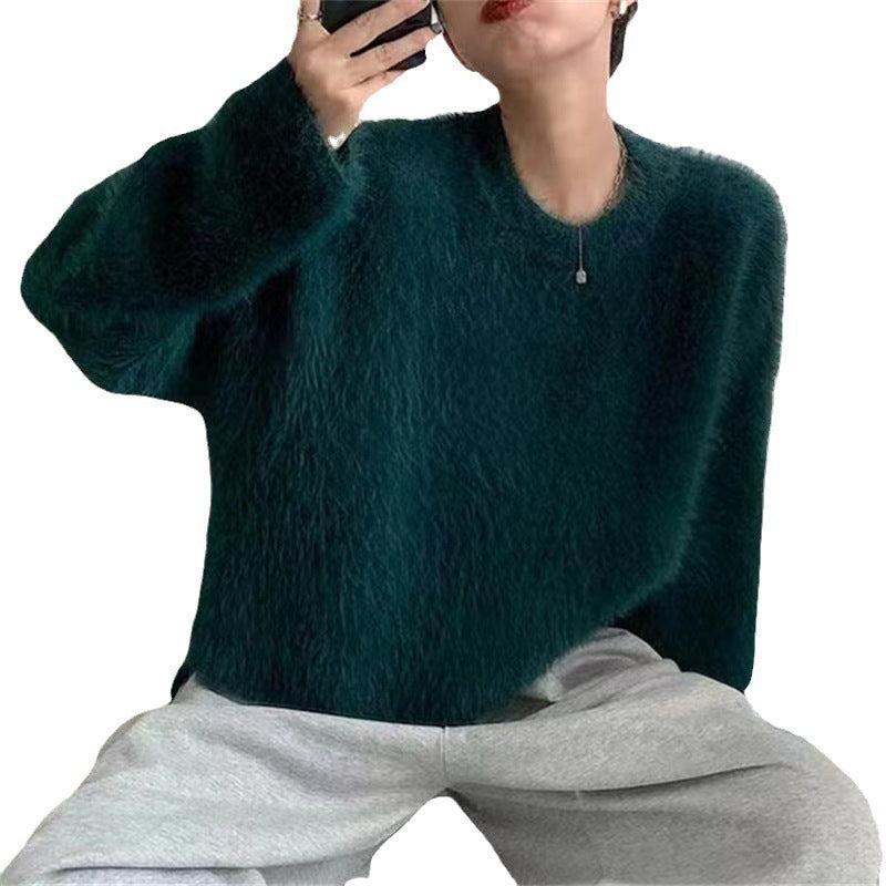 Women's Fluffy Pullover with Casual Fit and High Crew Neck