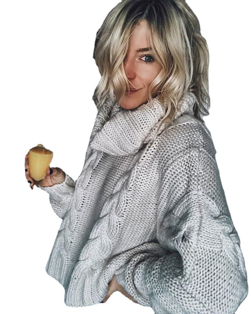 Women's Chunky Knit Sweater with Decorative Cable Pattern and High Collar