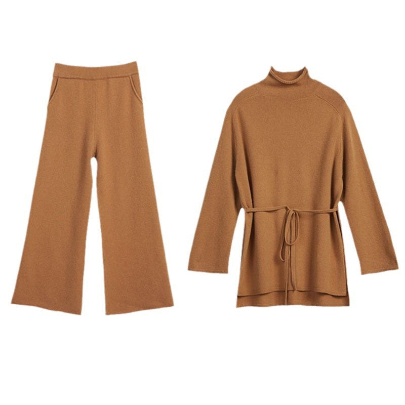 Women's Cozy Knit Ensemble with Waist Belt and High Collar