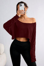 Women's Casual Oversized Long-Sleeve Shirt with Asymmetric Hem and Boat Neck