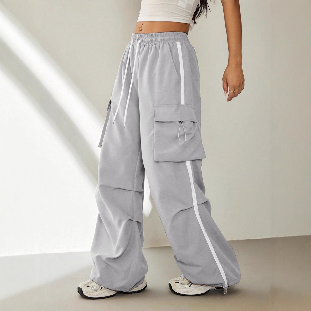 Women's Cargo Pants with Side Pockets and Elastic Waistband