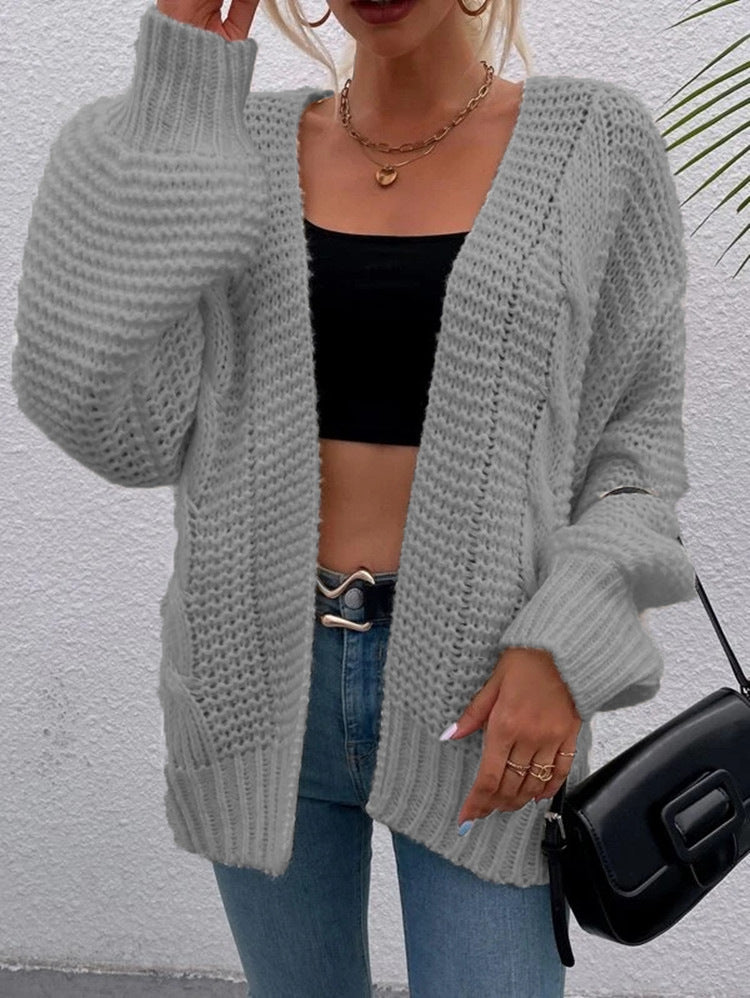 Women's Patterned Cardigan in Casual Oversized Design with Deep Pockets and Wave Texture