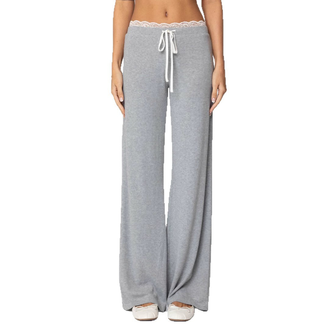 Women's Light Gray Casual Pants with Elastic Waistband and Lace Trim