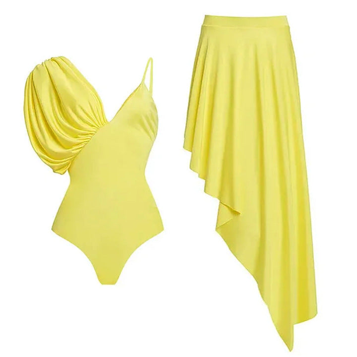 Women's Asymmetrical One-Piece Swimsuit with Voluminous Puff Sleeves