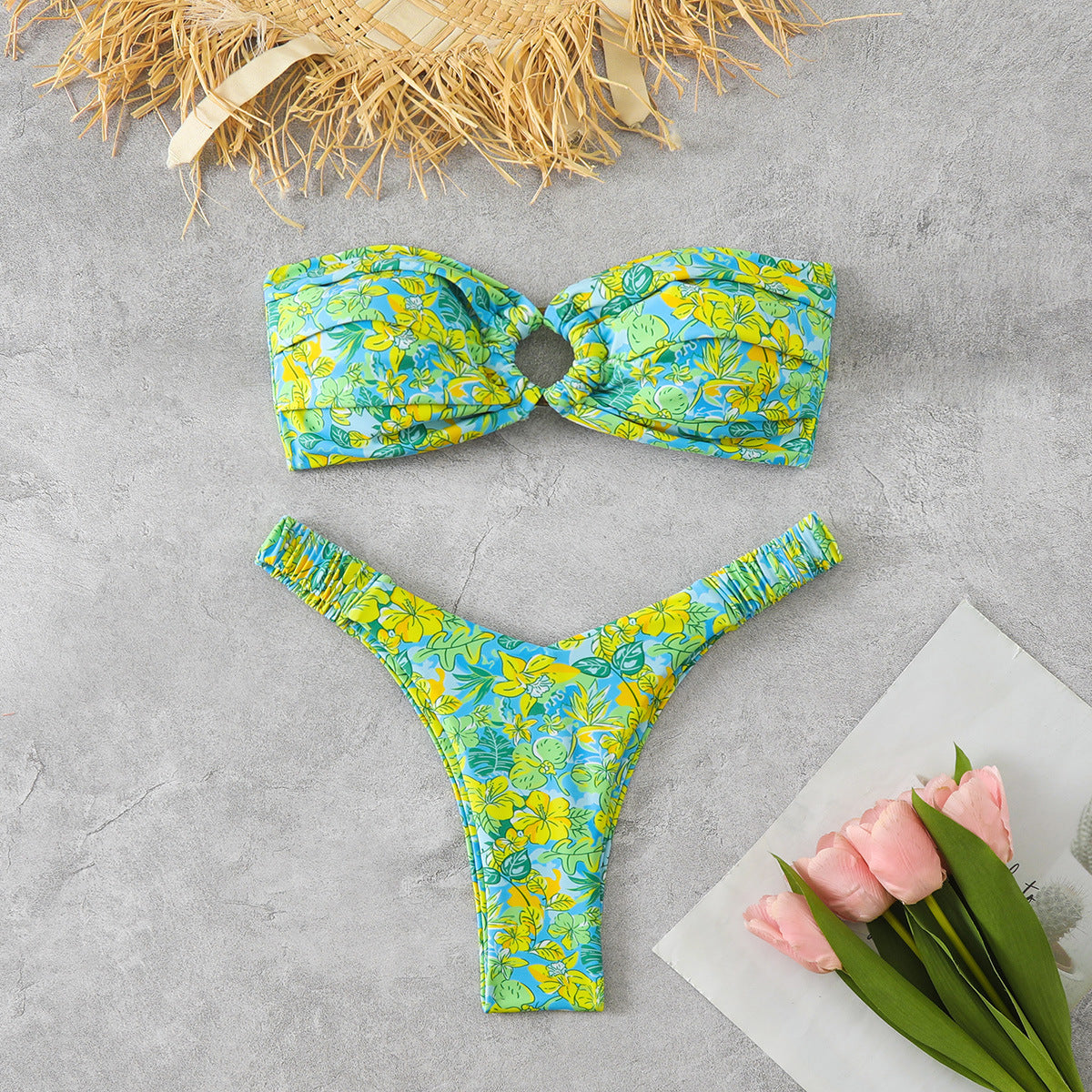 Women's Bandeau Bikini with Sophisticated Floral Pattern
