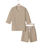 Unisex Casual Lounge Set with V-Neck Top and Drawstring Shorts