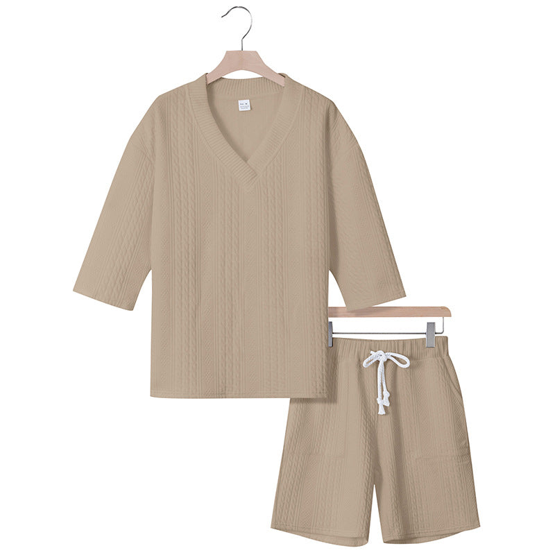 Unisex Casual Lounge Set with V-Neck Top and Drawstring Shorts