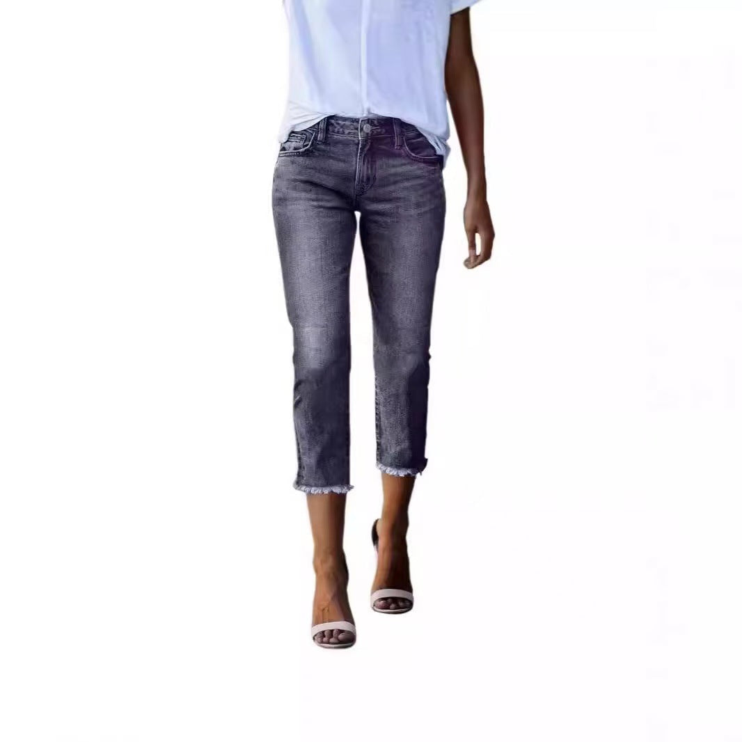 Women's 3/4 Jeans with Fashionable Frayed Hem