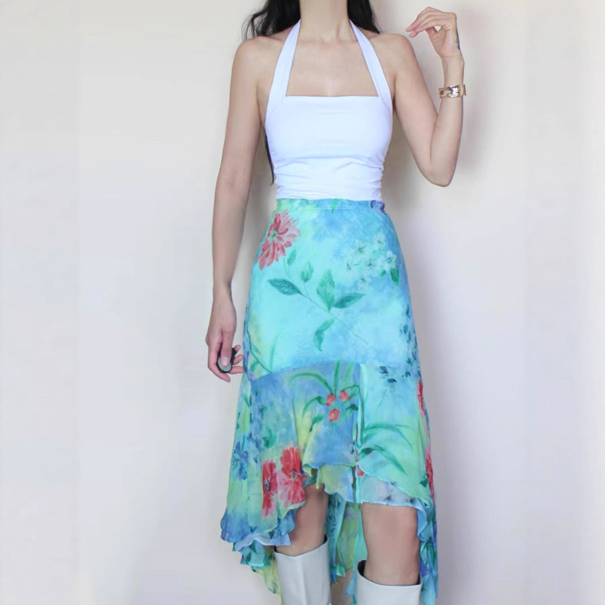 Women's Asymmetrical Floral Chiffon Ruffle Skirt
