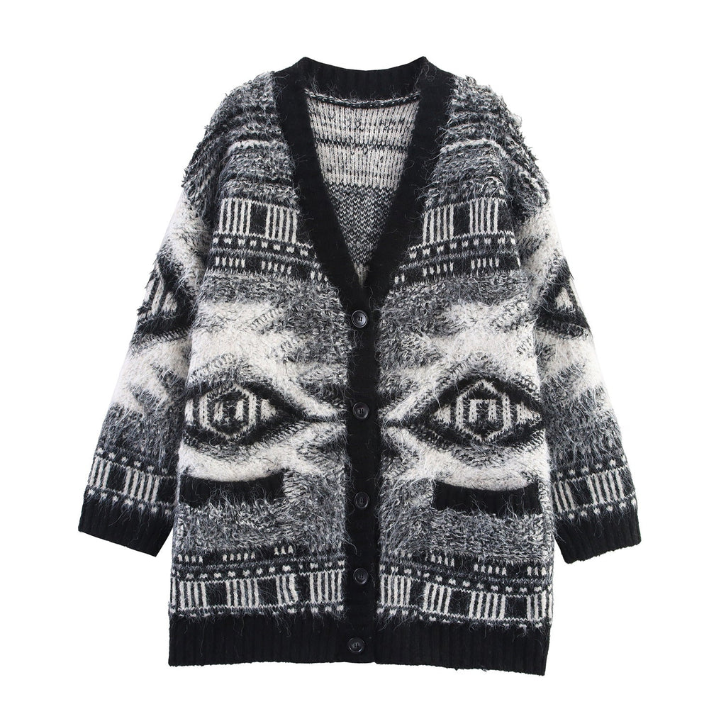 Women's Patterned Long-Sleeve Cardigan with Button Placket