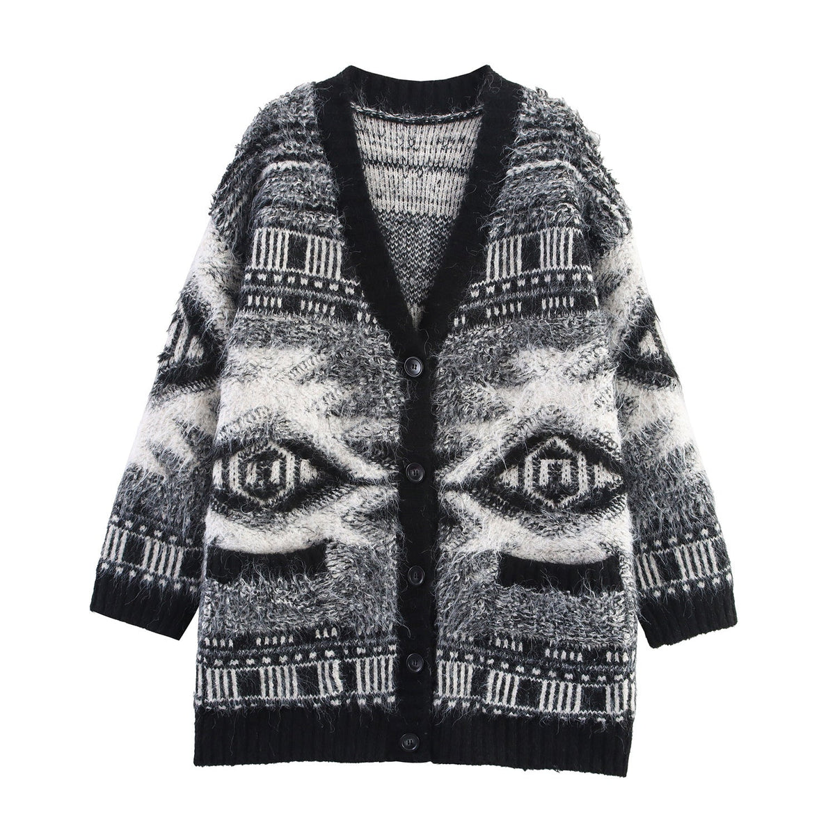Women's Patterned Long-Sleeve Cardigan with Button Placket