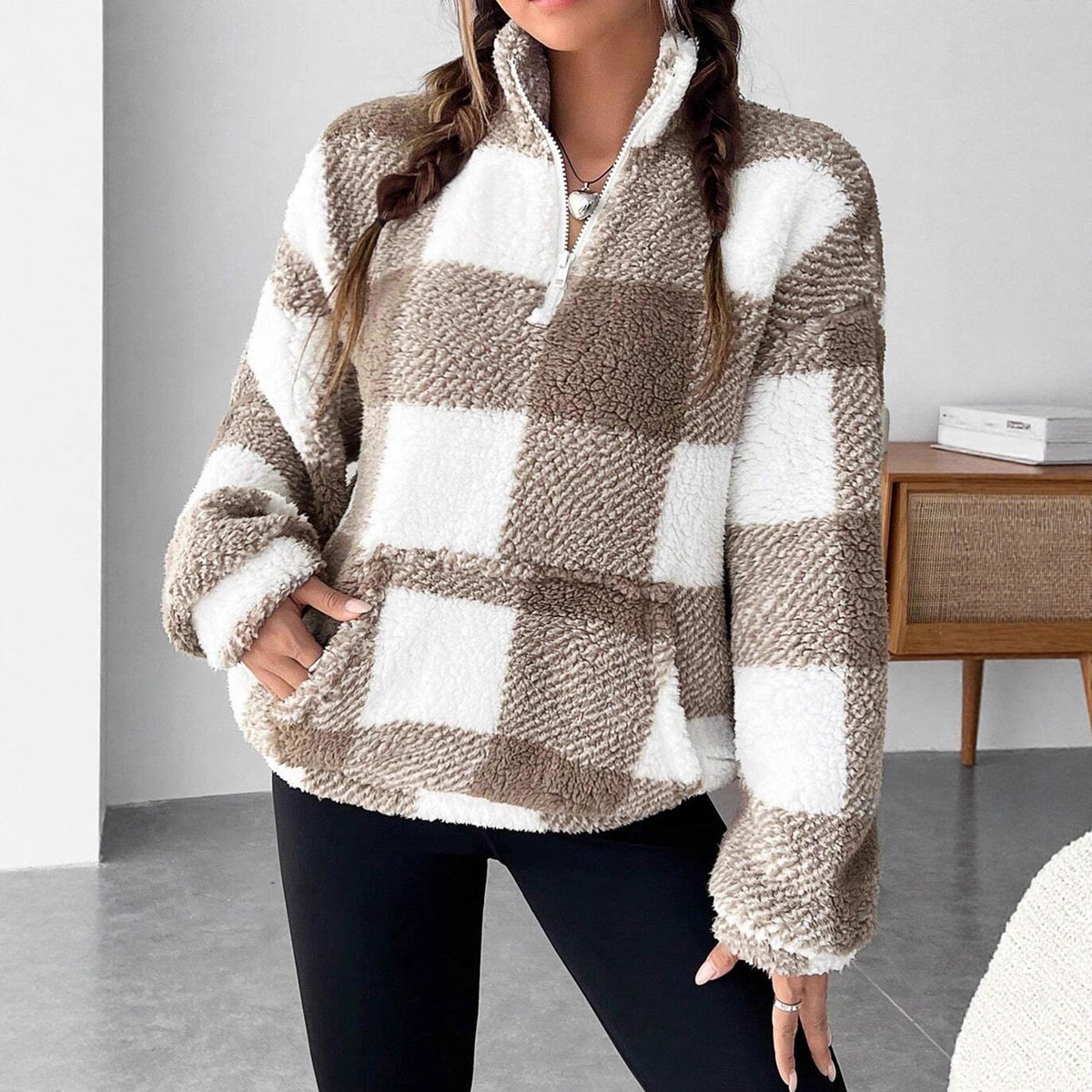 Women's Fluffy Plaid Pullover with Half-Zip