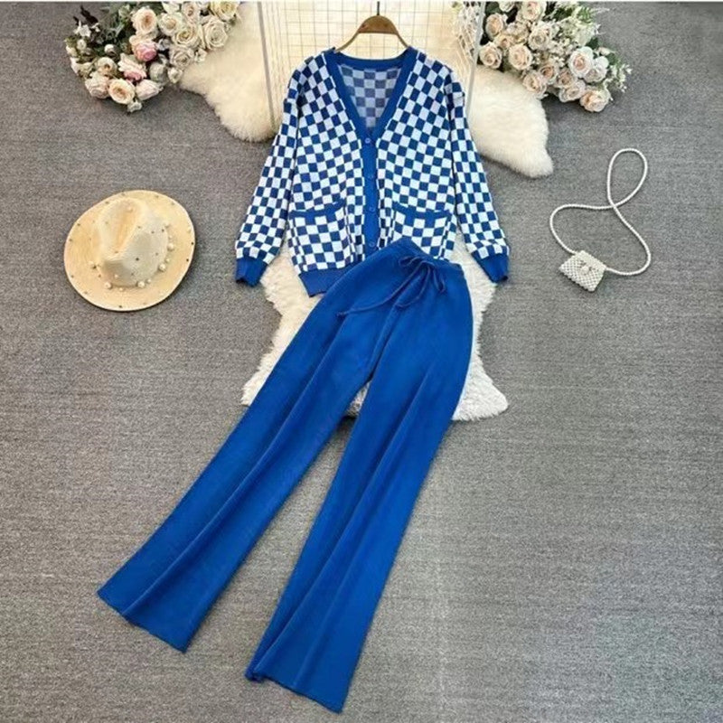 Women's Casual Plaid Leisure Suit with Wide-Leg Trousers