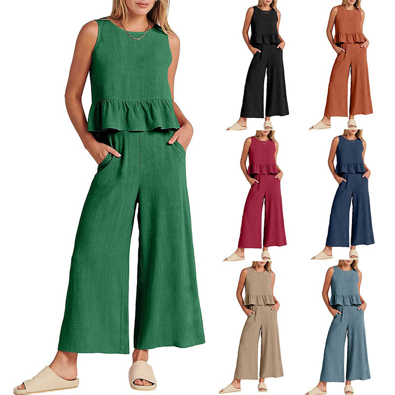 Women's Casual Peplum Jumper with Wide-Leg Pants