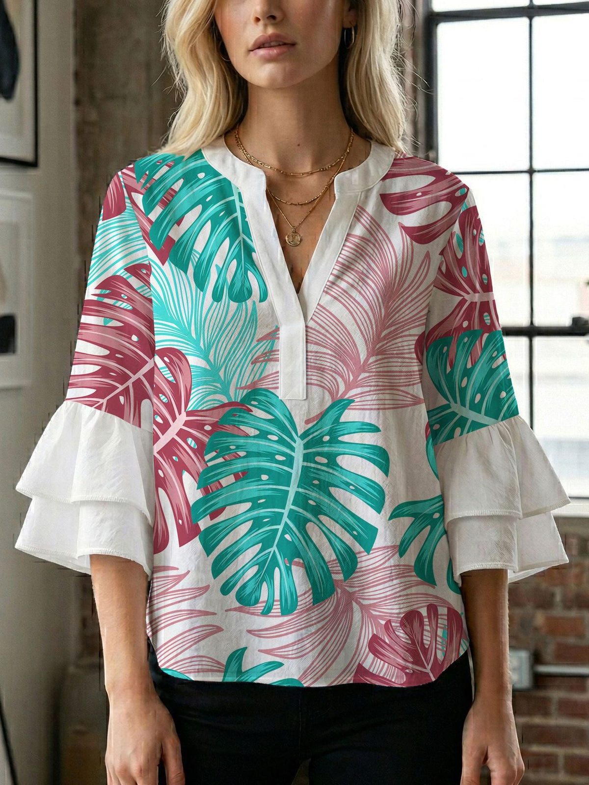 Women's Blouse Shirt with Voluminous Sleeves and Creative Print Design