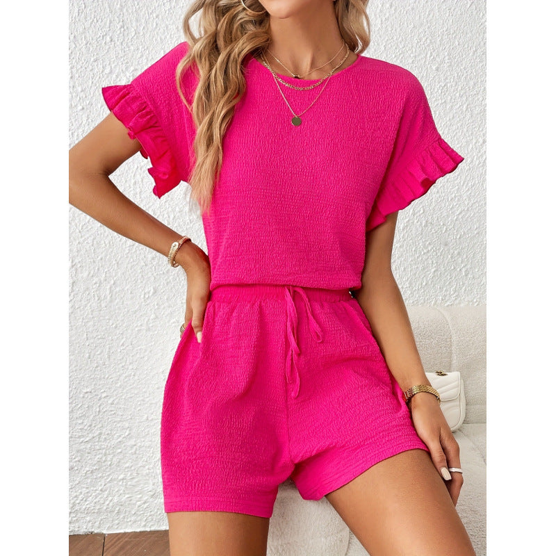 Women's Short-Sleeve Overall with Ruffle Details and Tie Belt