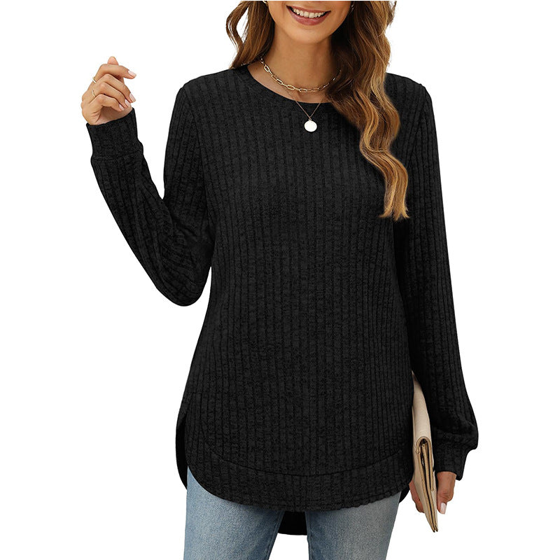 Women's Casual Ribbed Long-Sleeve Shirt with Side Slits