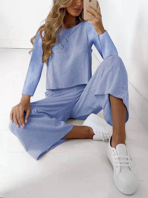 Women's Casual Linen-Look Two-Piece Set with Oversized Top and Palazzo Pants