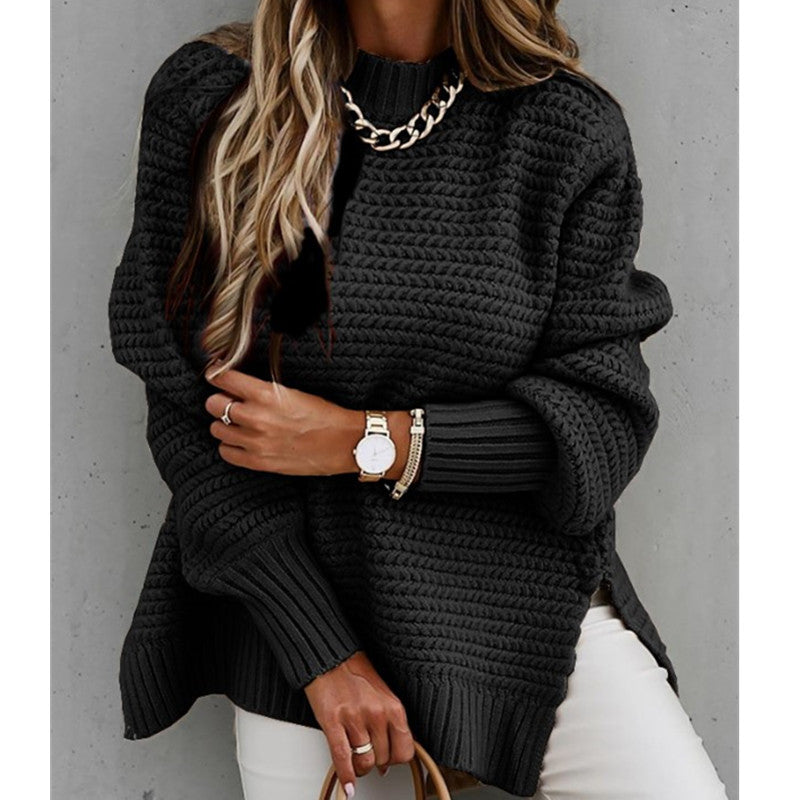 Women's Chunky Knit Sweater with Modern Structure Design and High Collar