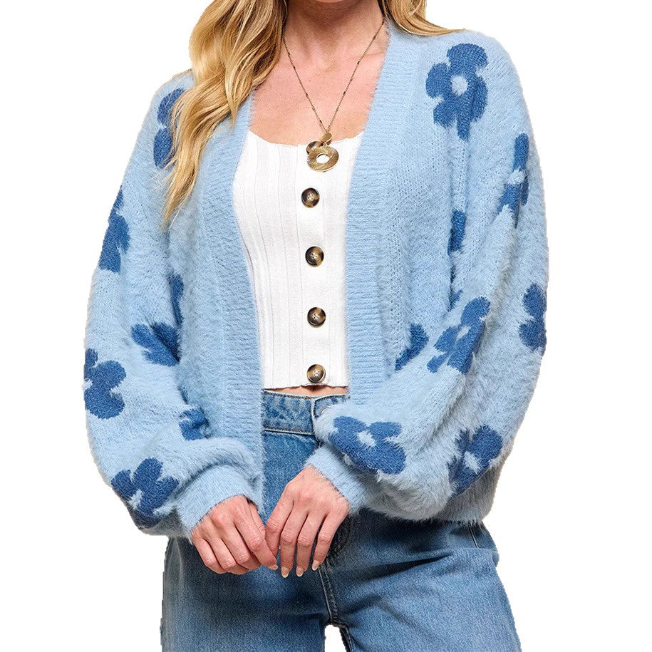 Women's Fluffy Cardigan with Floral Pattern