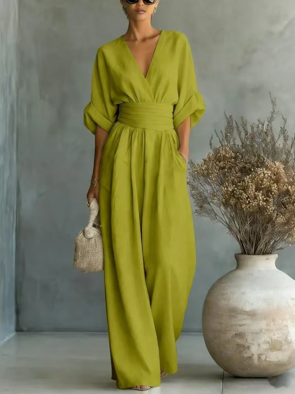 Women's Jumpsuit with Elegant V-Neck and Wide Leg