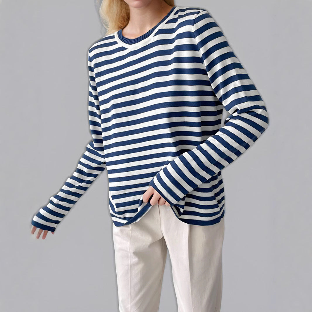 Women's Striped Long-Sleeve Sweater with Crew Neck and Casual Fit