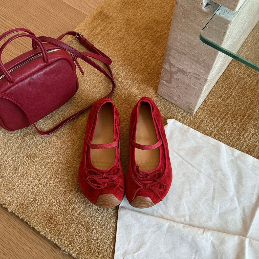 Women's Suede Ballet Flats with Strap and Decorative Bow