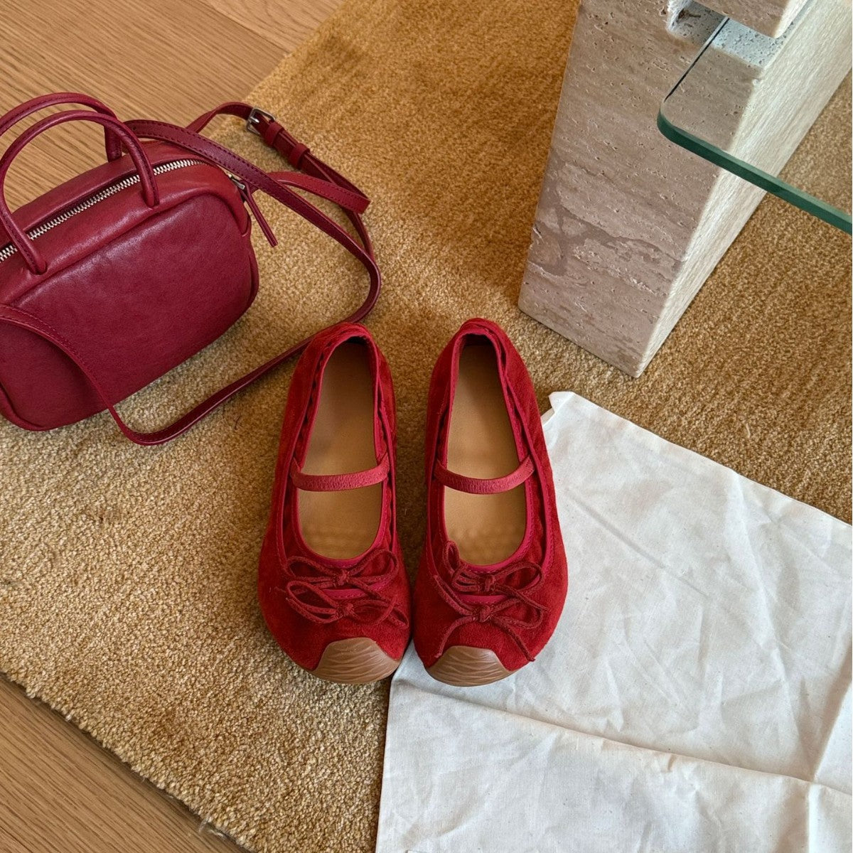 Women's Suede Ballet Flats with Strap and Decorative Bow