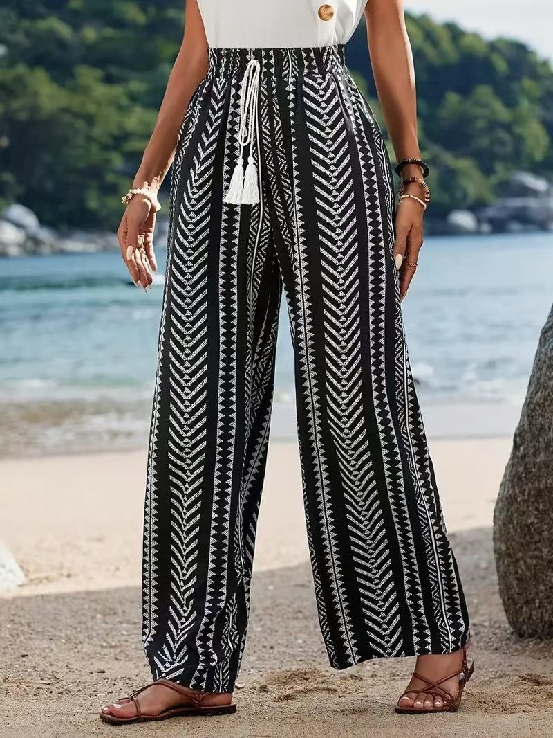 Women's Wide-Leg Palazzo Pants with Elastic Waist and Pattern