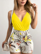 Women's Short Jumpsuit with Floral Design and Belt