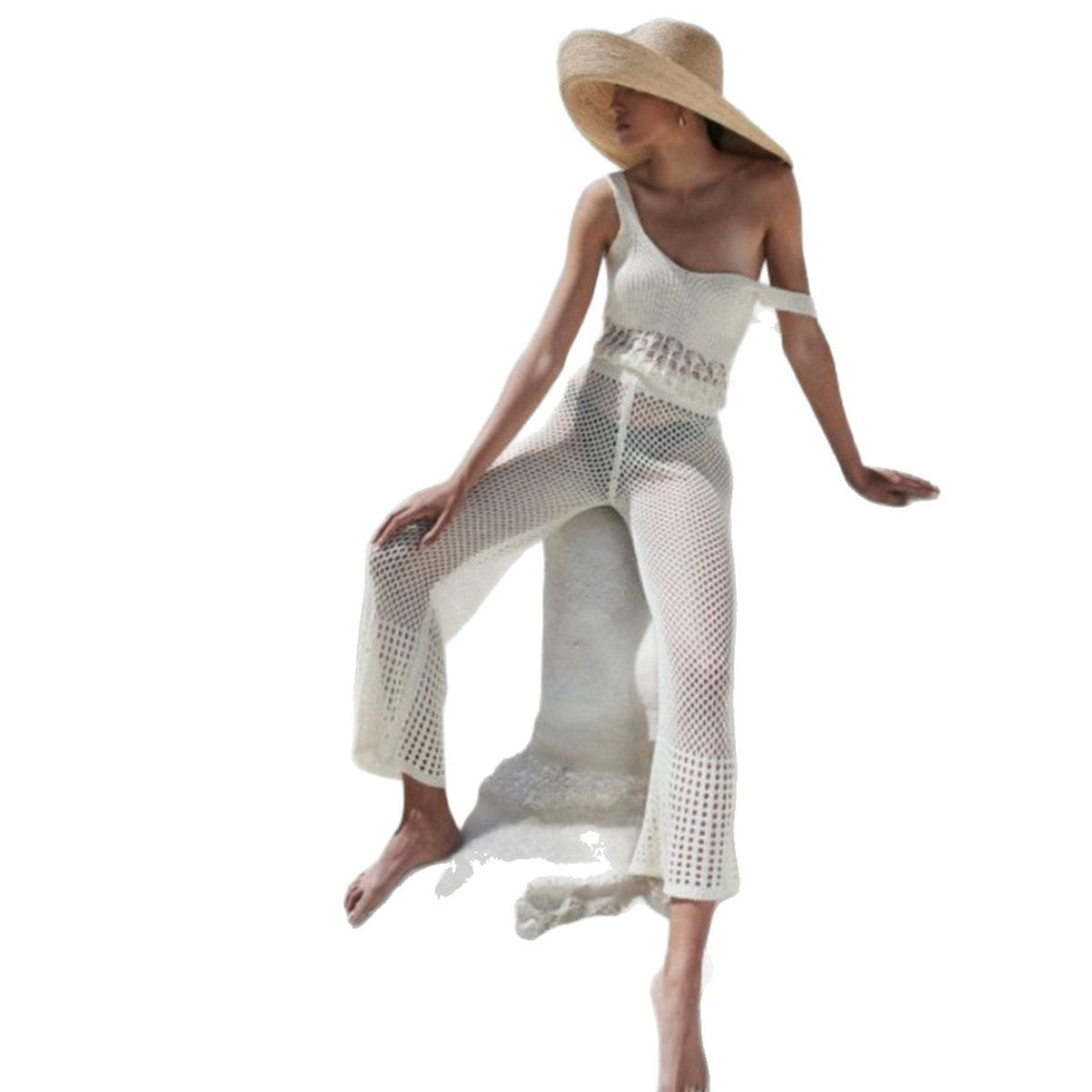 Women's Airy Cropped Crochet Top and High-Waisted Mesh Pants