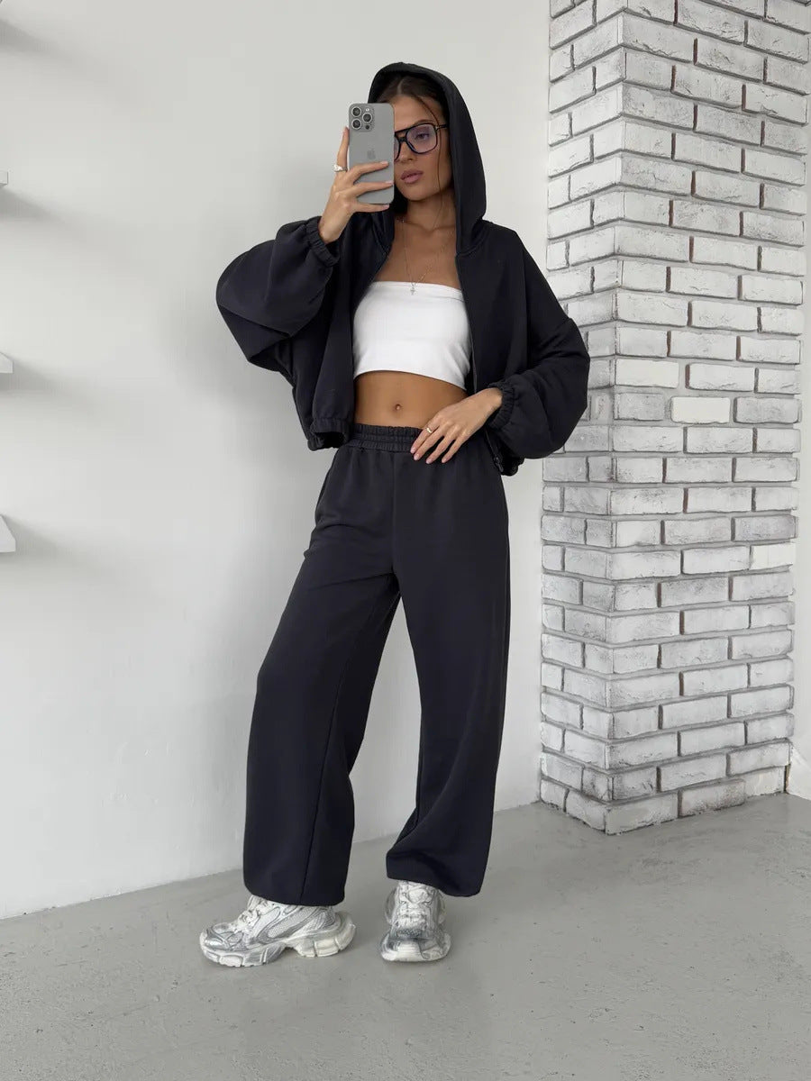 Casual Sweater Set with Cropped Hoodie and Comfortable Pants