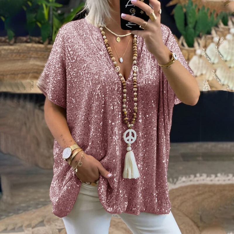 Women's Glamorous Sequin Tunic Shirt with V-Neck