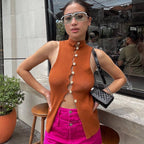 Women's Sleeveless Knit Top with Unique Button Placket