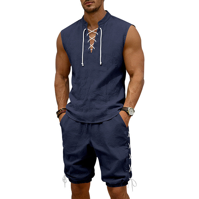 Men's Sleeveless Leisure Set with Lace Collar and Drawstring Bermuda